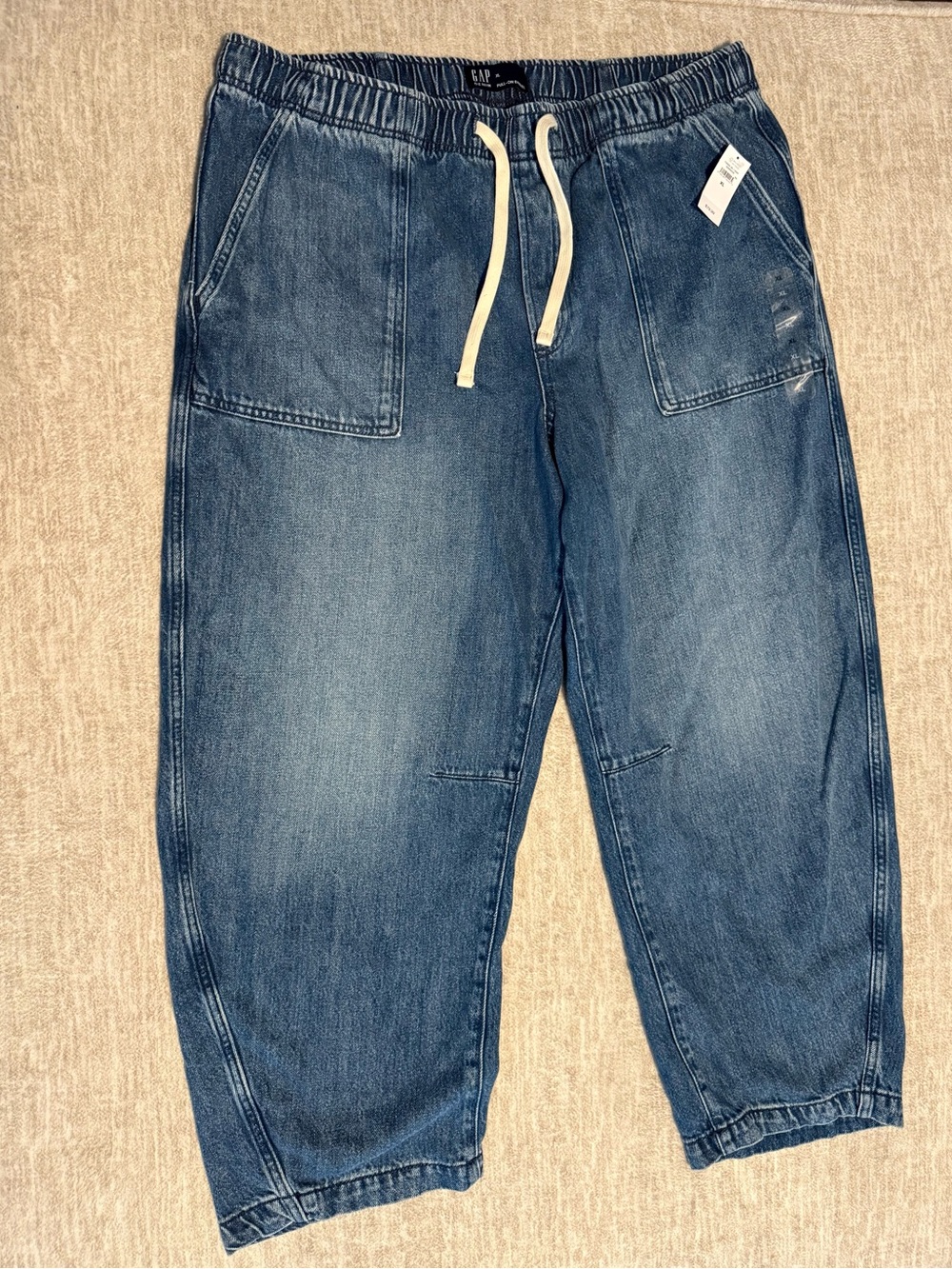 GAP Blue Relaxed Denim Joggers with Cream Drawstring